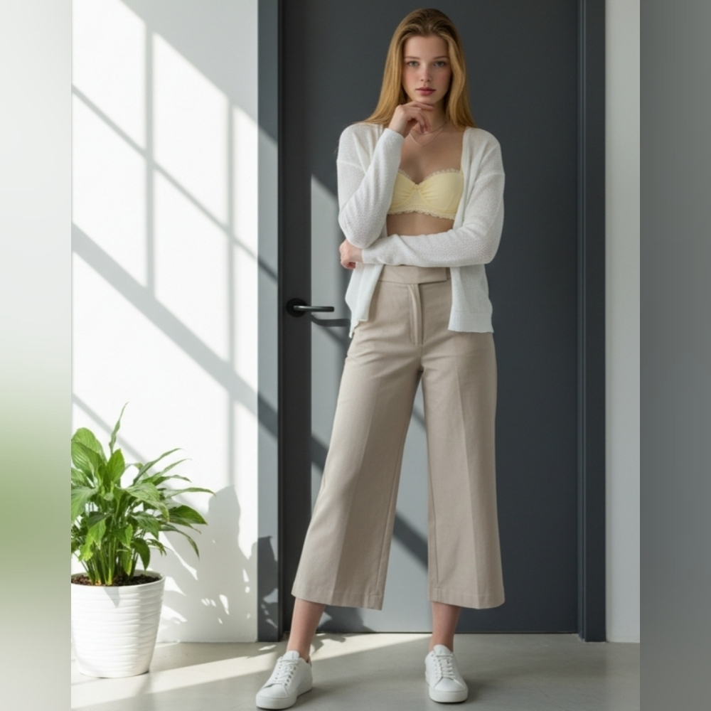 Zara NWT SZ XS Wide Leg Cropped Beige Flat Front Trousers Pockets Stretch